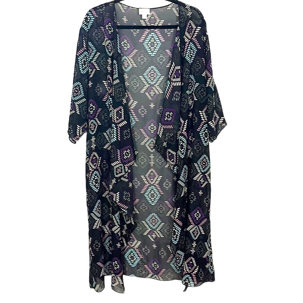 LuLaRoe Geometric Pattern Short Sleeve Waterfall Sheer Kimono Black Large
